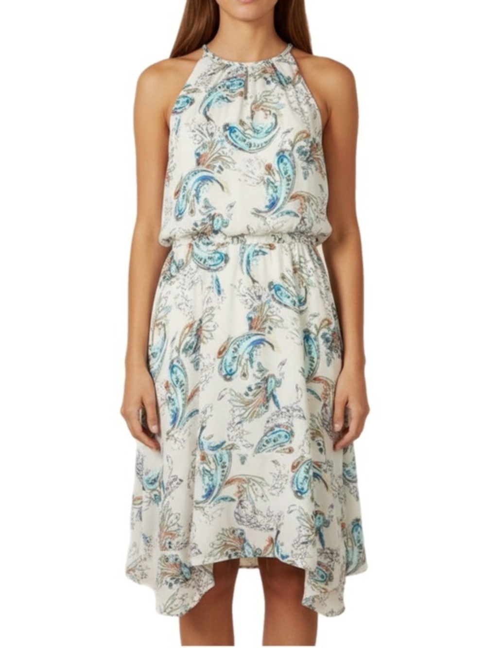 White House Black Market | Watercolor White & Blue Paisley High Low Dress